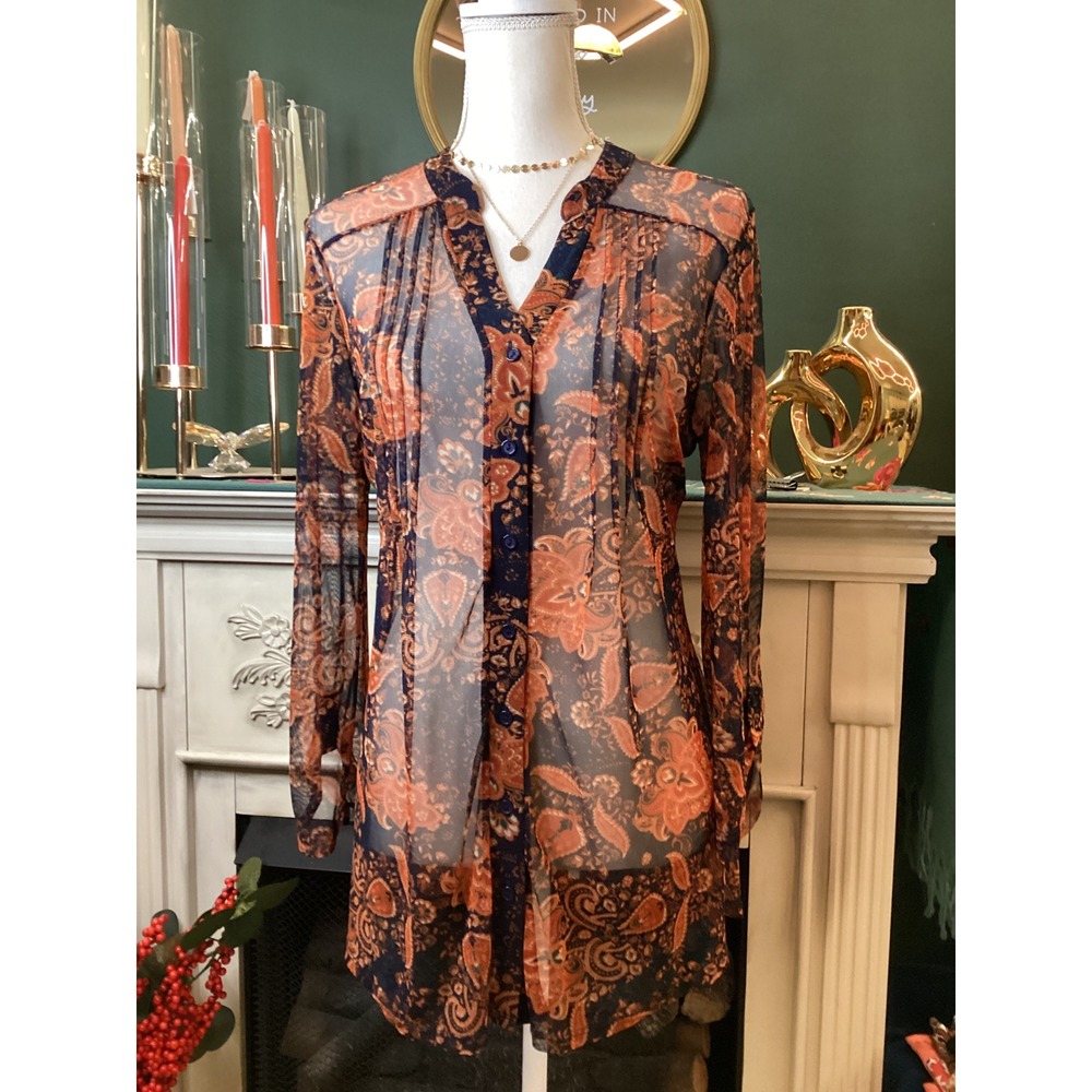 PerSeption Concept‎ Sheer Paisley Print Button Front Tunic Top Orange Navy L